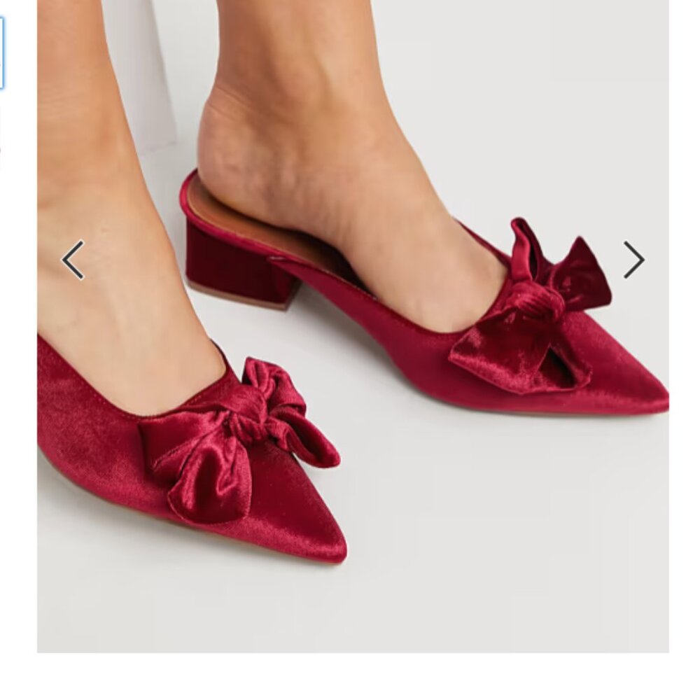 ASOS Wide Fit Burgundy Velvet Bow Pointed Mule Heels - Picture 2 of 3